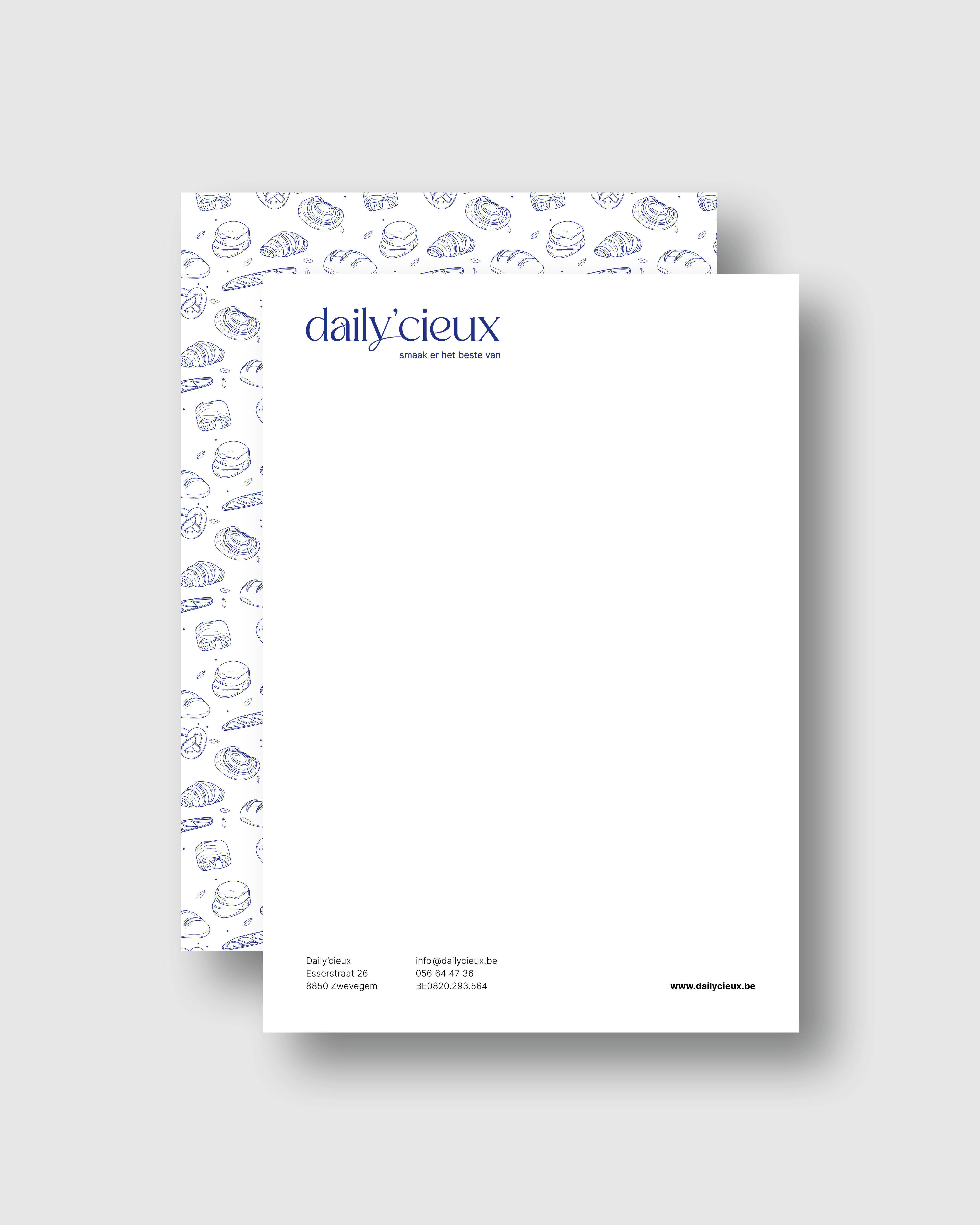Briefpapierontwerp van Daily'Cieux met een cleane witte voorzijde met logo en contactgegevens, en een achterzijde met patroon van illustraties van bakkerijproducten in lichtblauw.