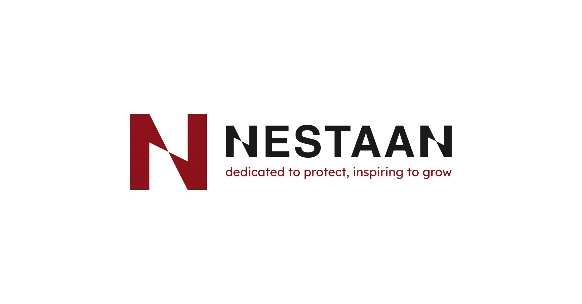 Logo van Nestaan met een rood gestileerde N en zwarte bedrijfsnaam, vergezeld van de slogan 'dedicated to protect, inspiring to grow' op een witte achtergrond