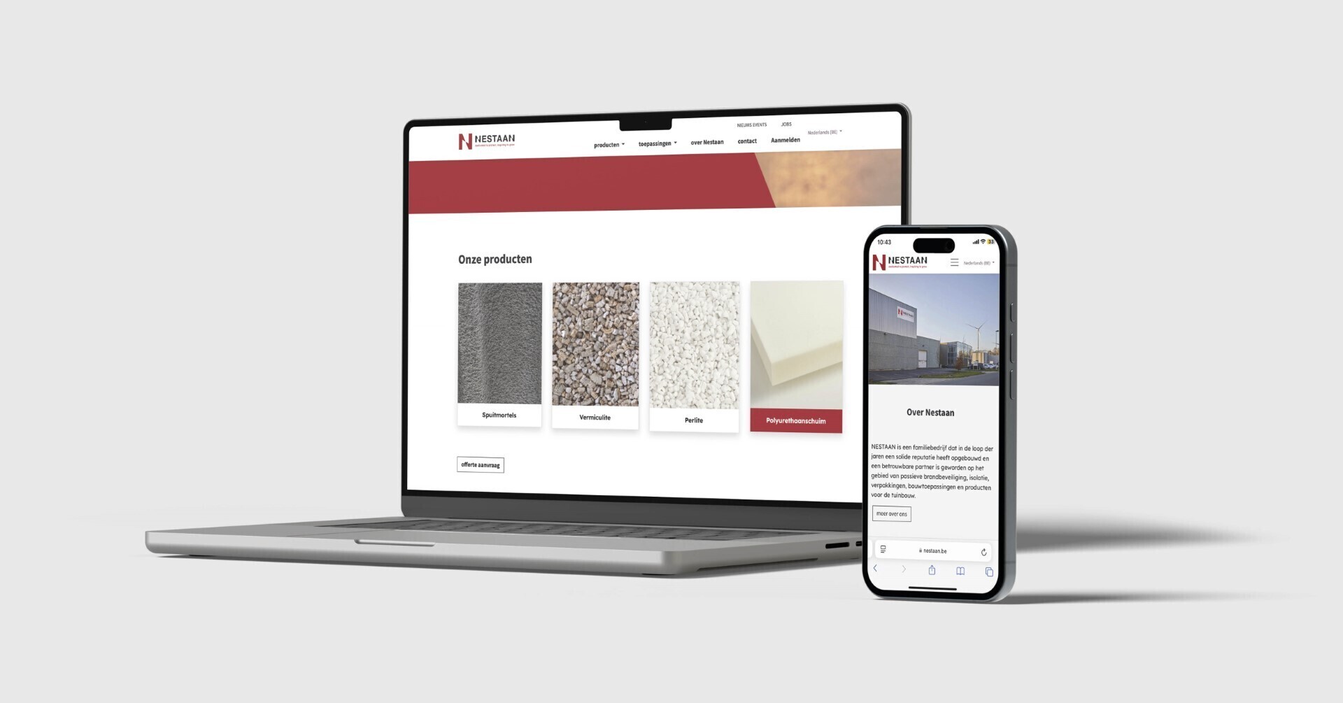Mock-up van de Nestaan-website weergegeven op een laptop en smartphone, met productcategorieën zichtbaar op het scherm, tegen een lichtgrijze achtergrond