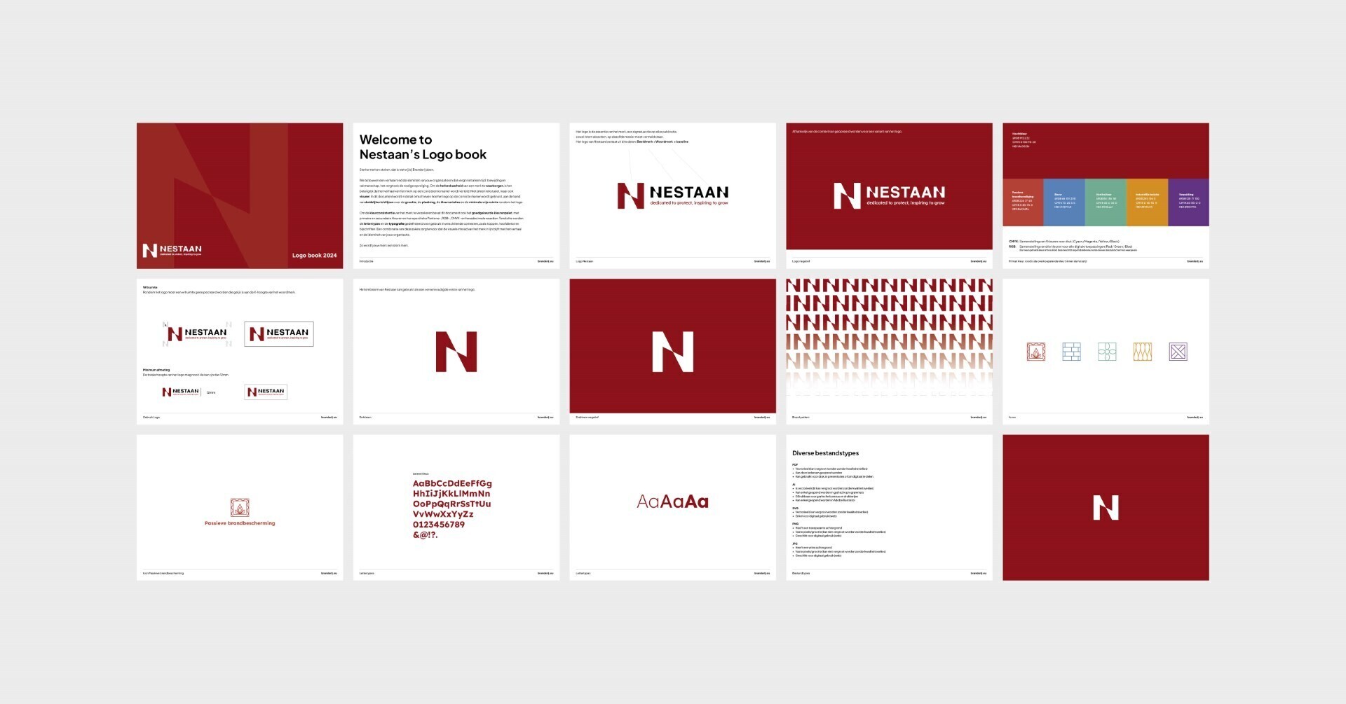 Overzicht van het Nestaan brandbook met verschillende pagina’s over logo’s, kleuren, typografie en huisstijlrichtlijnen, weergegeven in miniatuur op een lichtgrijze achtergrond.