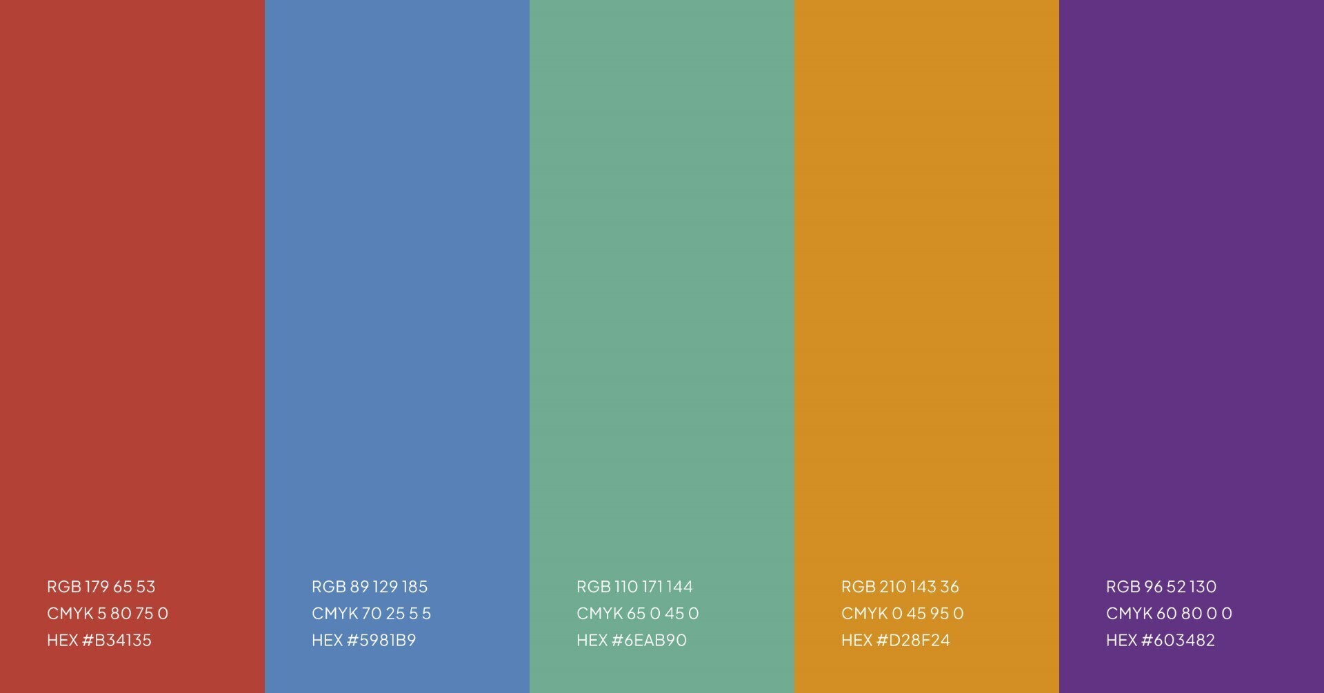 Vijf verticale kleurvlakken in rood, blauw, groen, oranje en paars met bijhorende kleurcodes in RGB, CMYK en HEX-formaat, gebruikt in de huisstijl van Nestaan