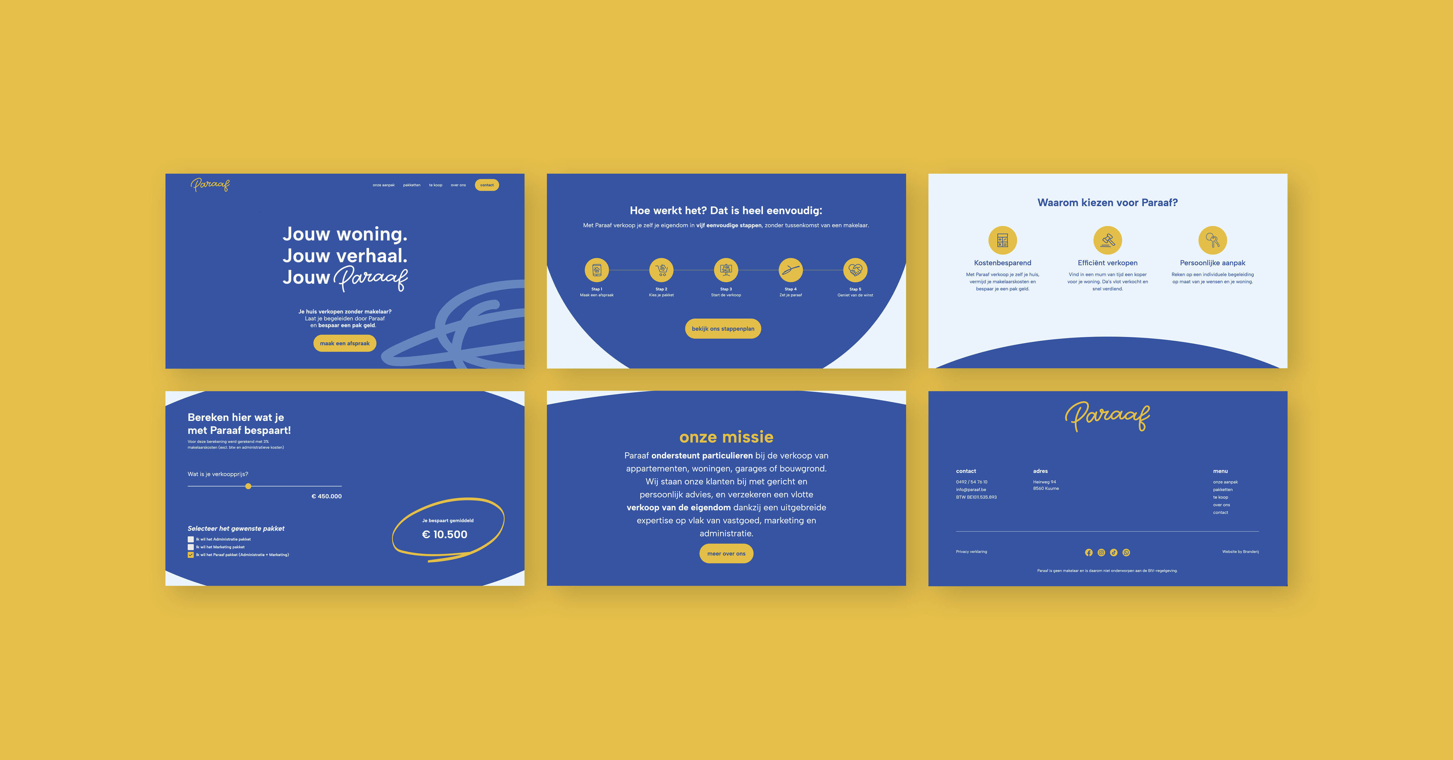 6 detailpagina's van de website van Paraaf op een gele achtergrond