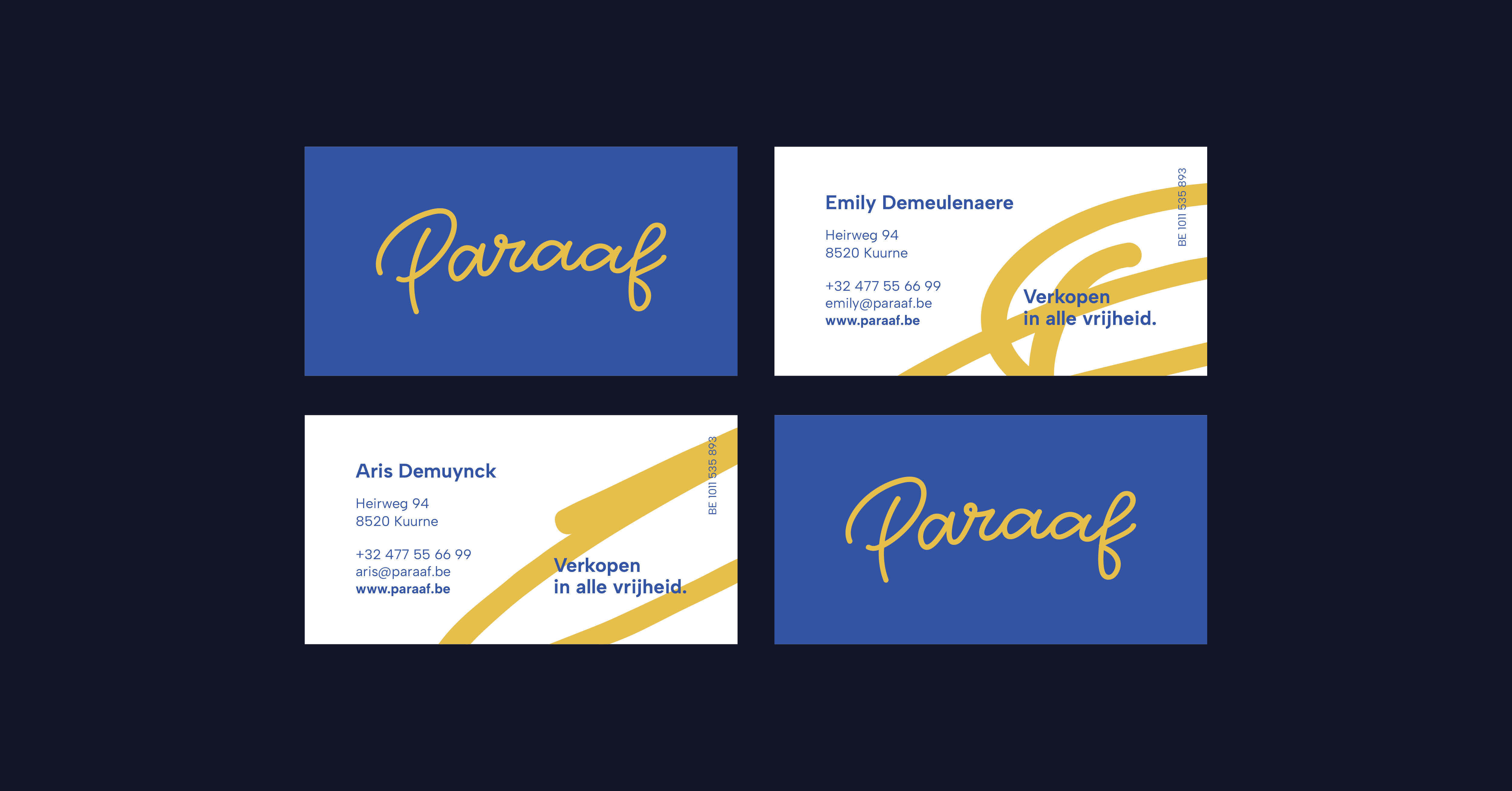 Visitekaartjes van Paraaf met een blauwe en witte achtergrond, goudkleurige lijnillustraties en het gele logo in handgeschreven stijl. De kaartjes tonen contactgegevens en de slogan 'Verkopen in alle vrijheid.