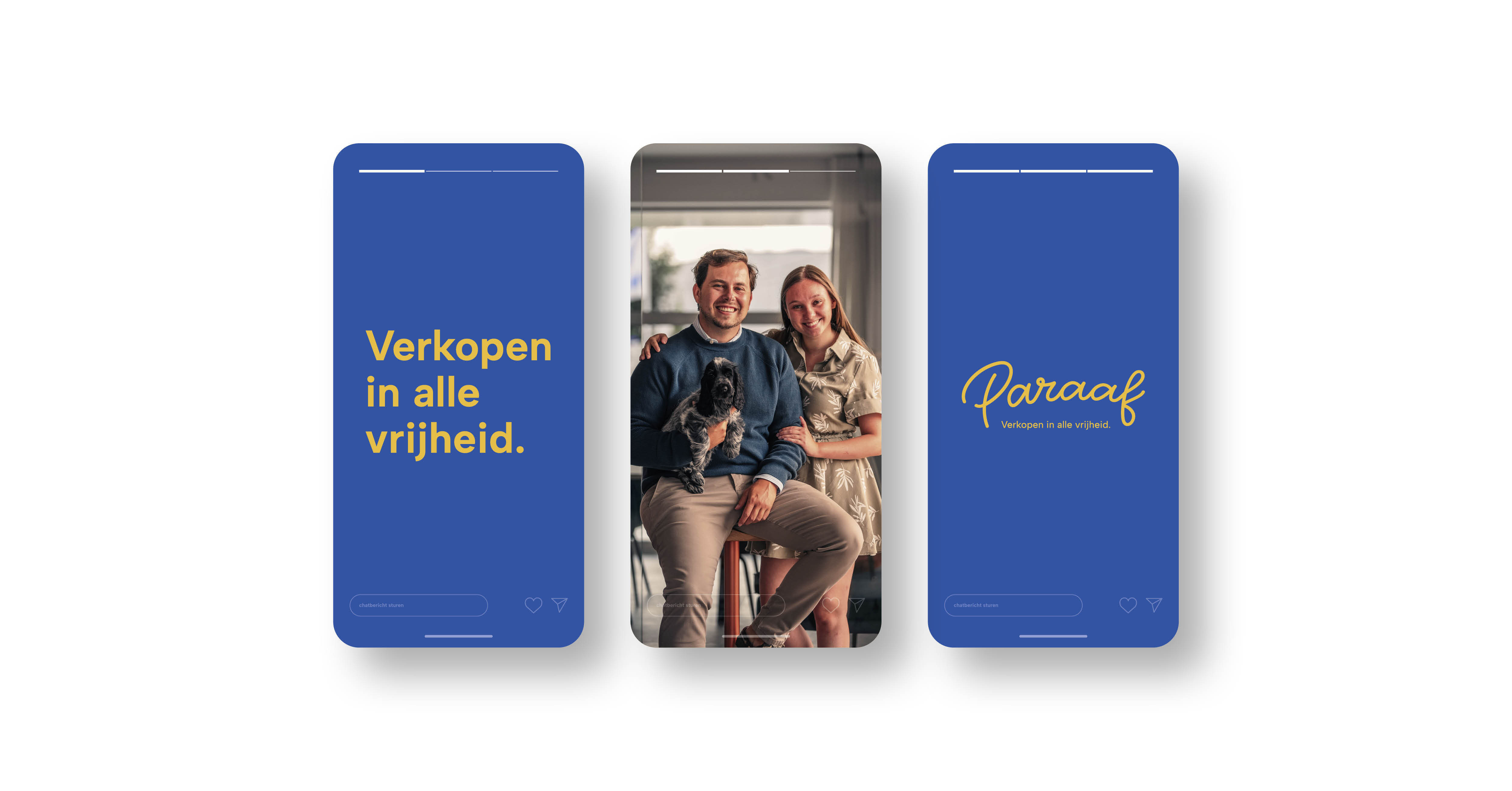 Mockup van een instagram verhaal van Paraaf met een blauw scherm met gele tekst, een foto van de zaakvoerders en hun hondje en eindigend met opnieuw een blauw scherm en geel logo erop