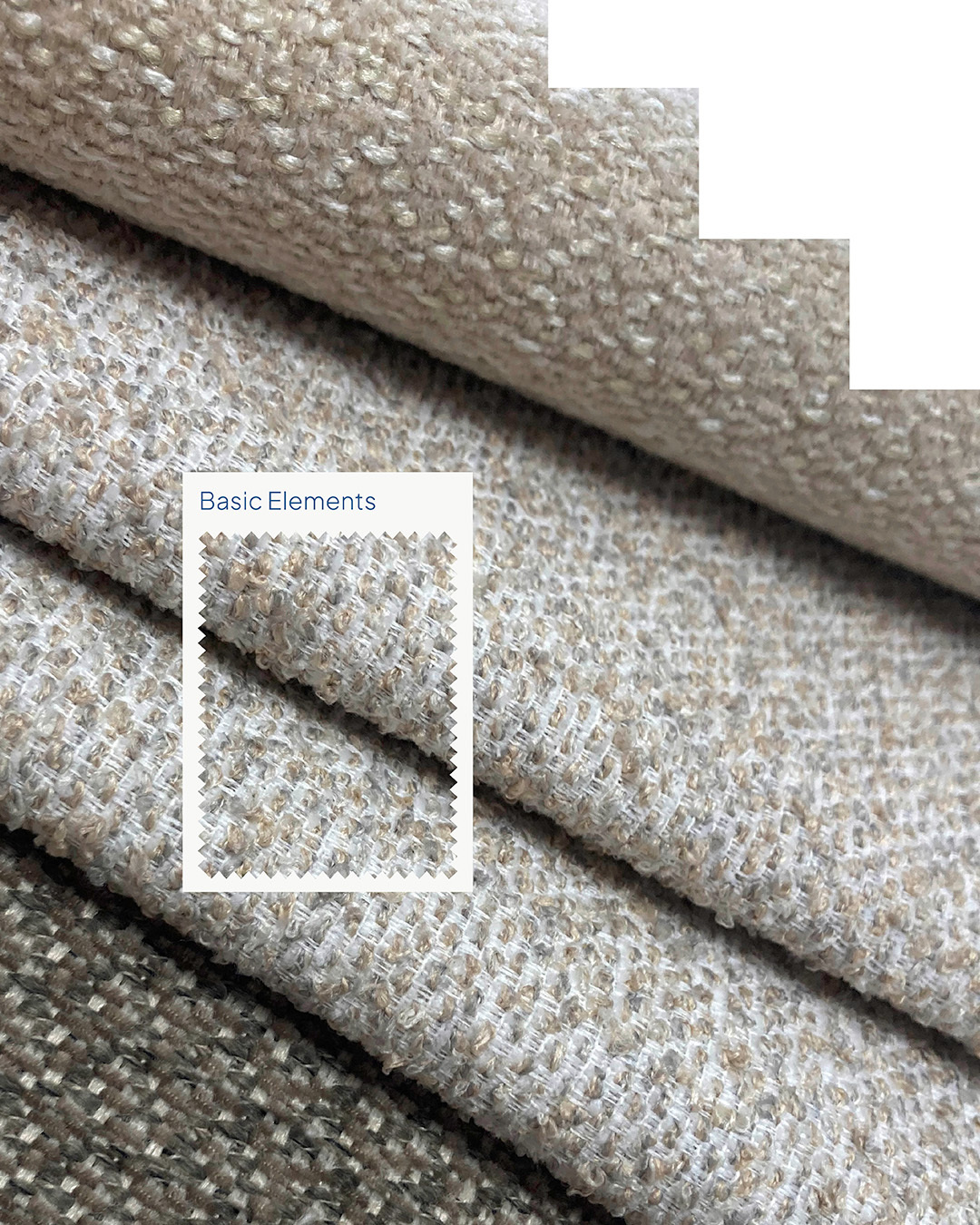 Verschillende soorten stof op elkaar geplooid met een grafisch element in de rechterboven hoek